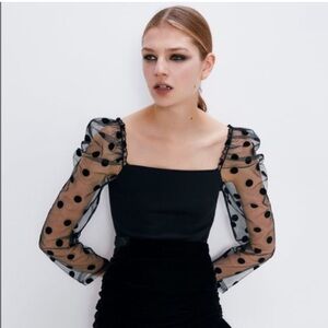 NWOT ZARA POLKA DOT TULLE SLEEVE KNIT TOP SIZE S